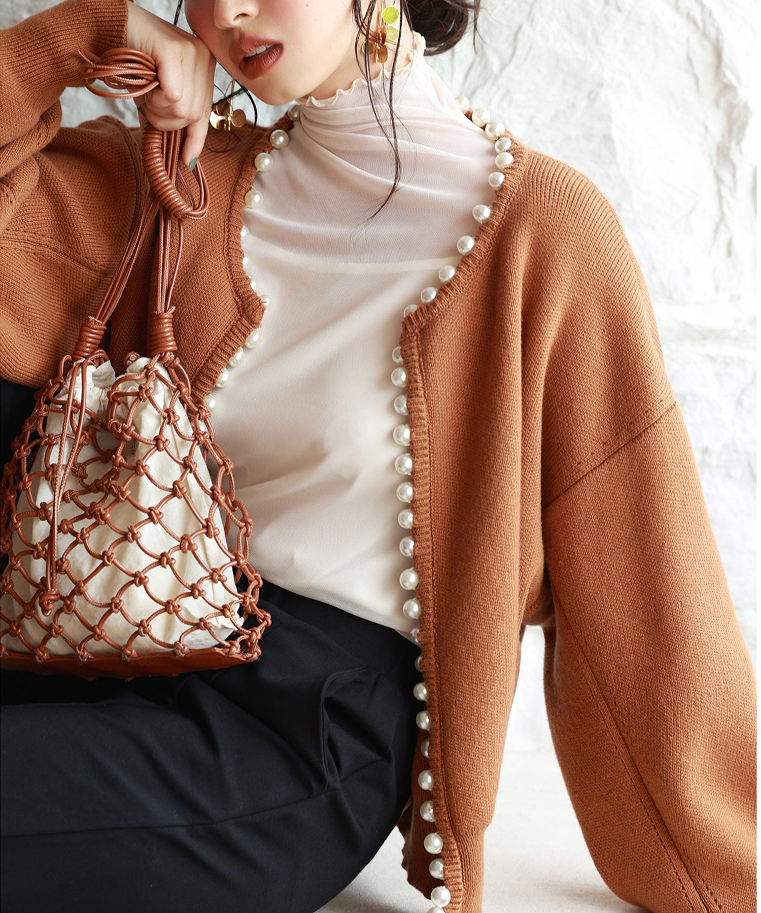 パールビジューボタンレスニットカーディガンxyf041631 ブラウン