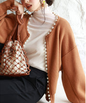 パールビジューボタンレスニットカーディガンxyf041631 ブラウン