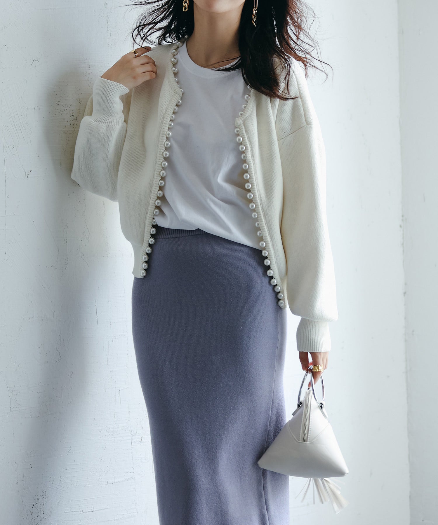 パールビジューボタンレスニットカーディガンxyf041631 ホワイト