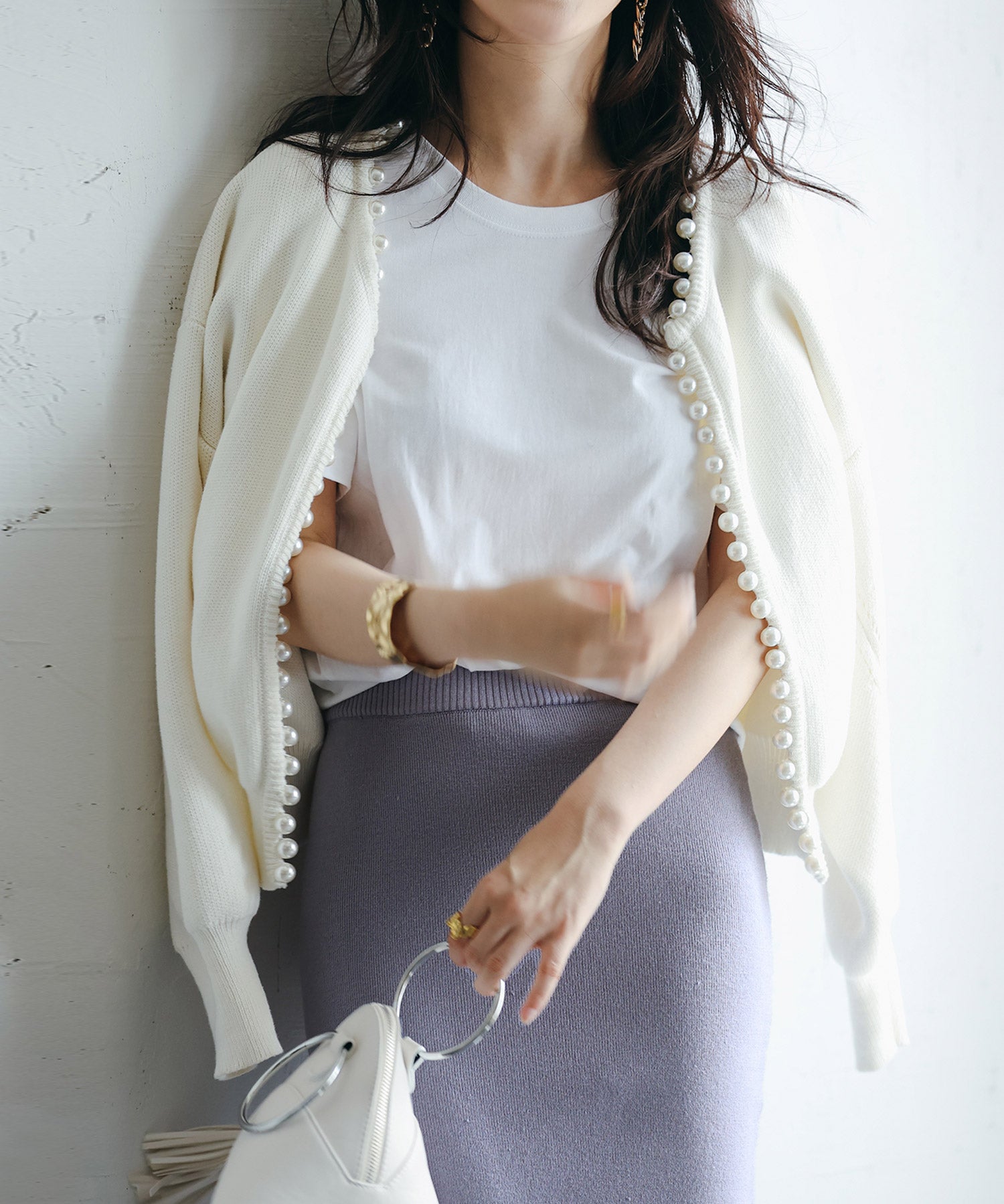パールビジューボタンレスニットカーディガンxyf041631 ホワイト
