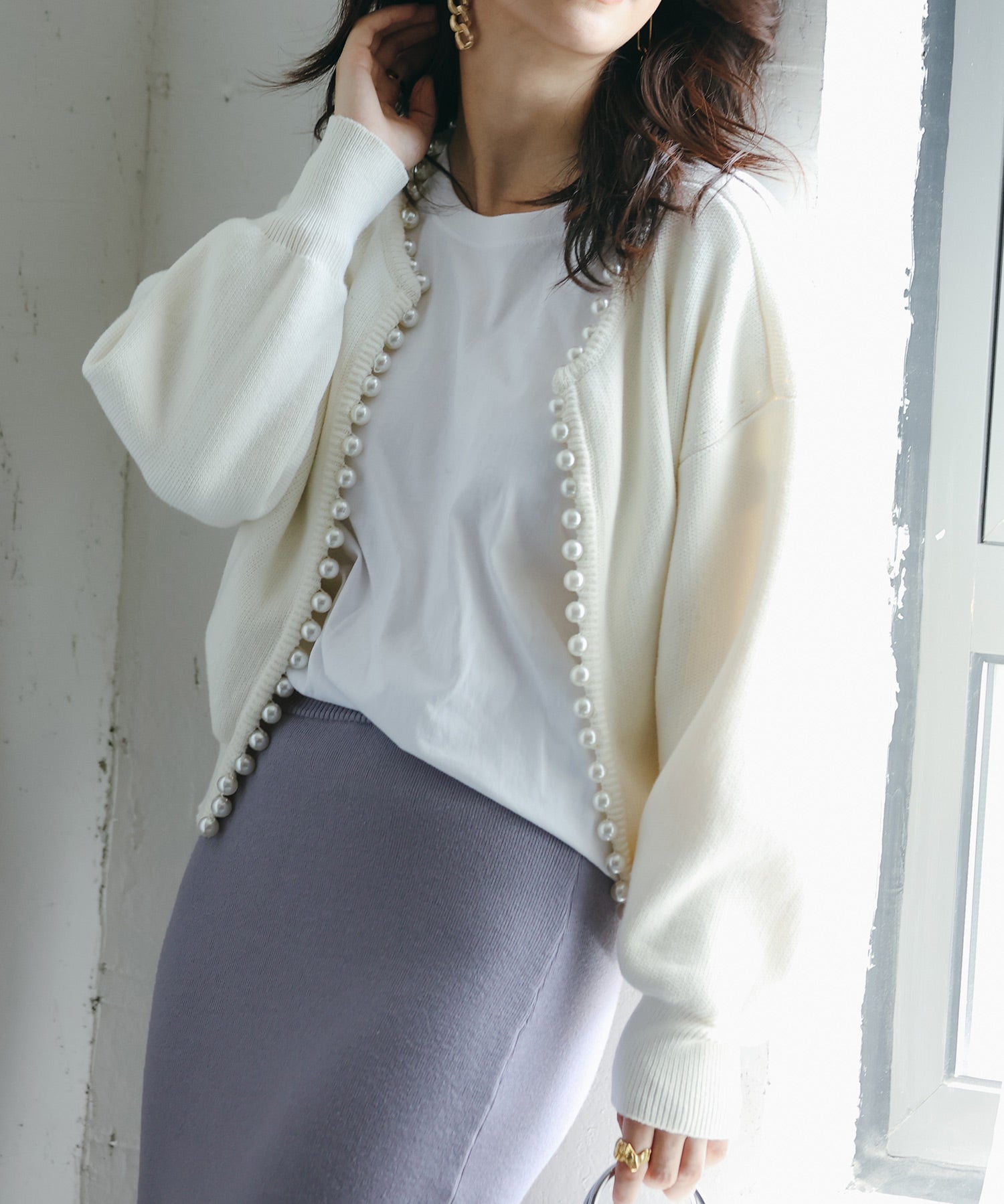 パールビジューボタンレスニットカーディガンxyf041631 ホワイト