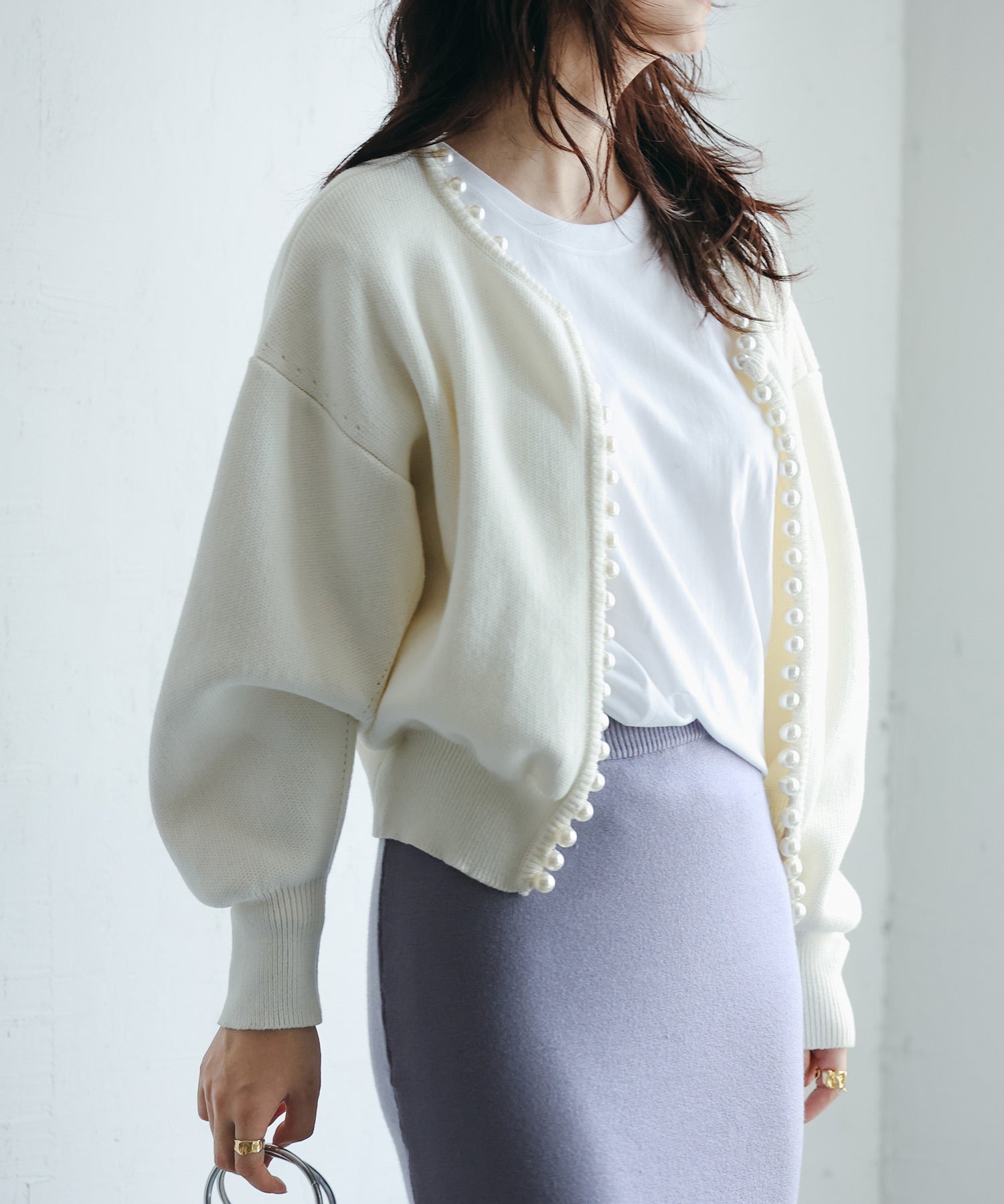 パールビジューボタンレスニットカーディガンxyf041631 ホワイト