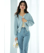 パールビジューボタンレスニットカーディガンxyf041631 ブルー