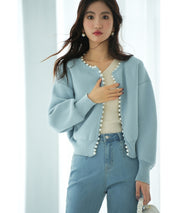 パールビジューボタンレスニットカーディガンxyf041631 ブルー