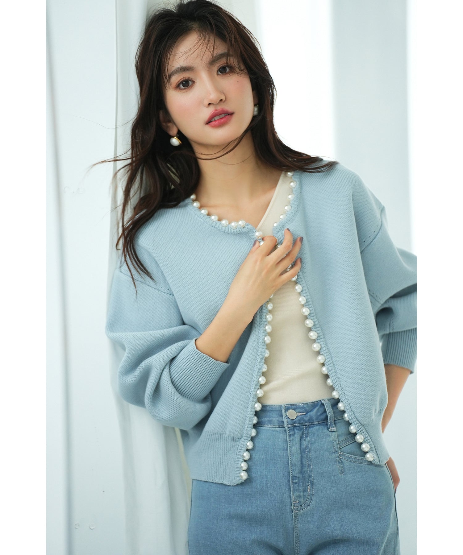 パールビジューボタンレスニットカーディガンxyf041631 ブルー