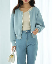 パールビジューボタンレスニットカーディガンxyf041631 ブルー