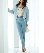 パールビジューボタンレスニットカーディガンxyf041631 ブルー