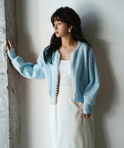 パールビジューボタンレスニットカーディガンxyf041631 ブルー