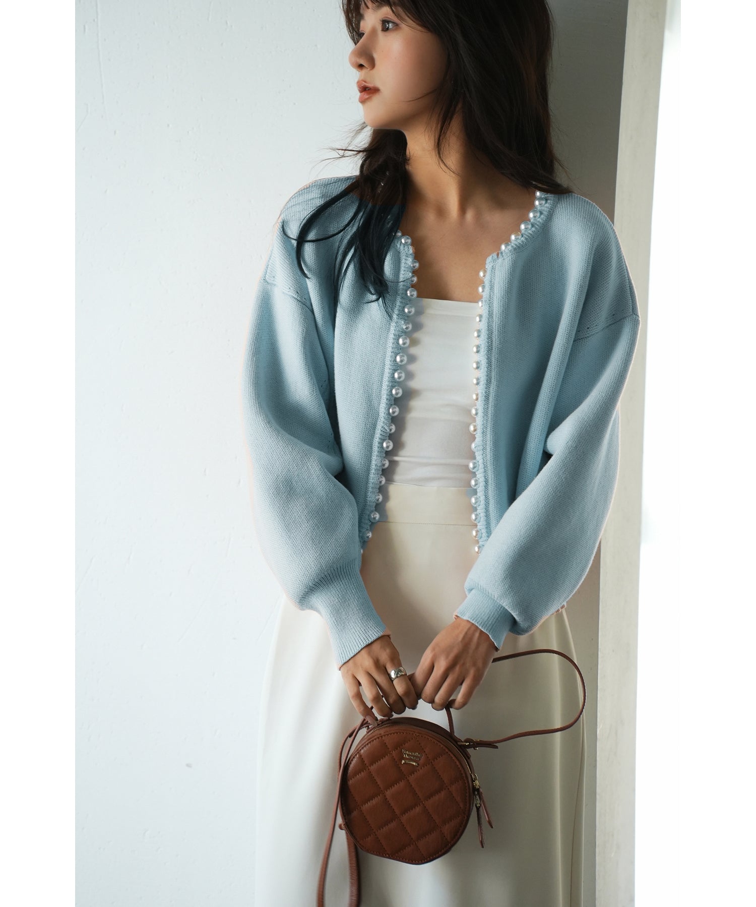 パールビジューボタンレスニットカーディガンxyf041631 ブルー