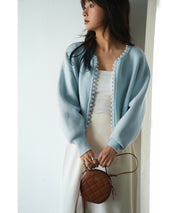 パールビジューボタンレスニットカーディガンxyf041631 ブルー