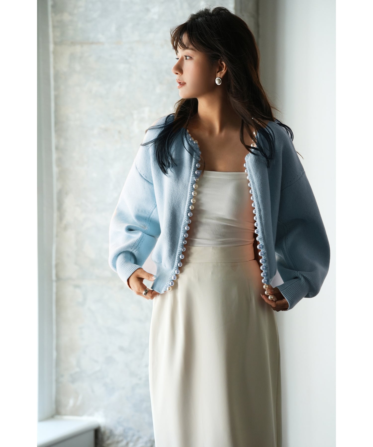 パールビジューボタンレスニットカーディガンxyf041631 ブルー