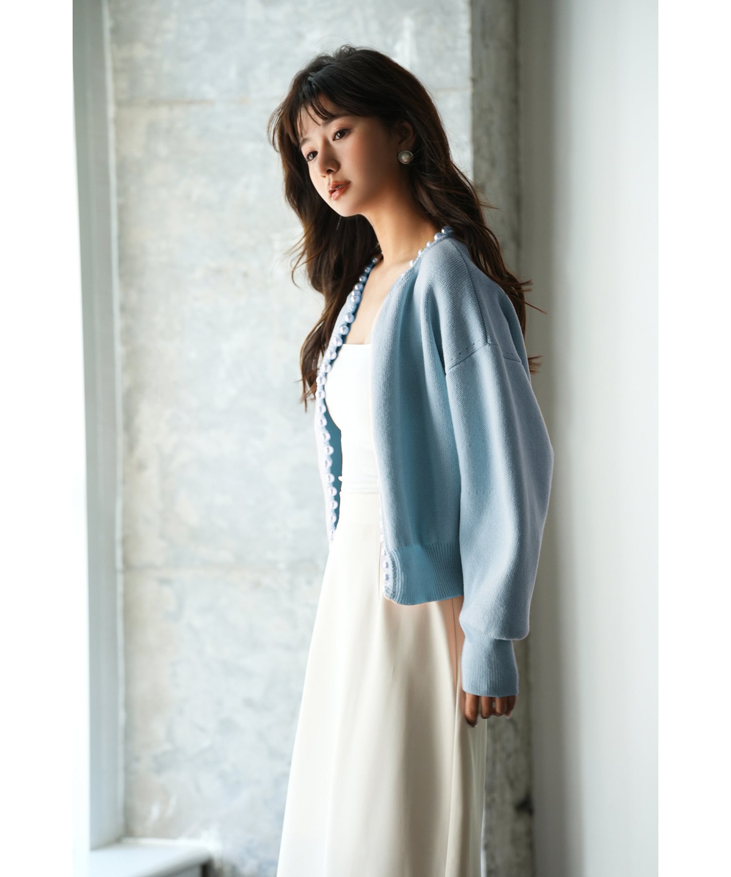 パールビジューボタンレスニットカーディガンxyf041631 ブルー