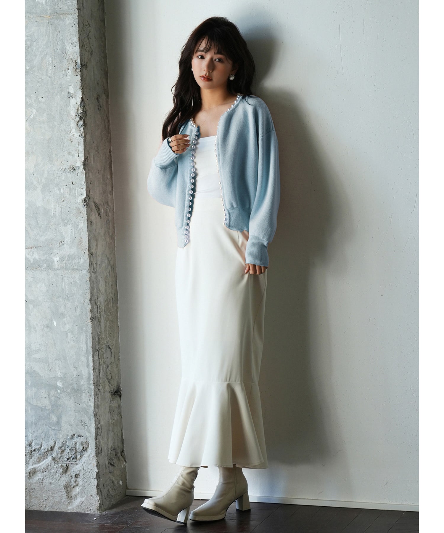 パールビジューボタンレスニットカーディガンxyf041631 ブルー
