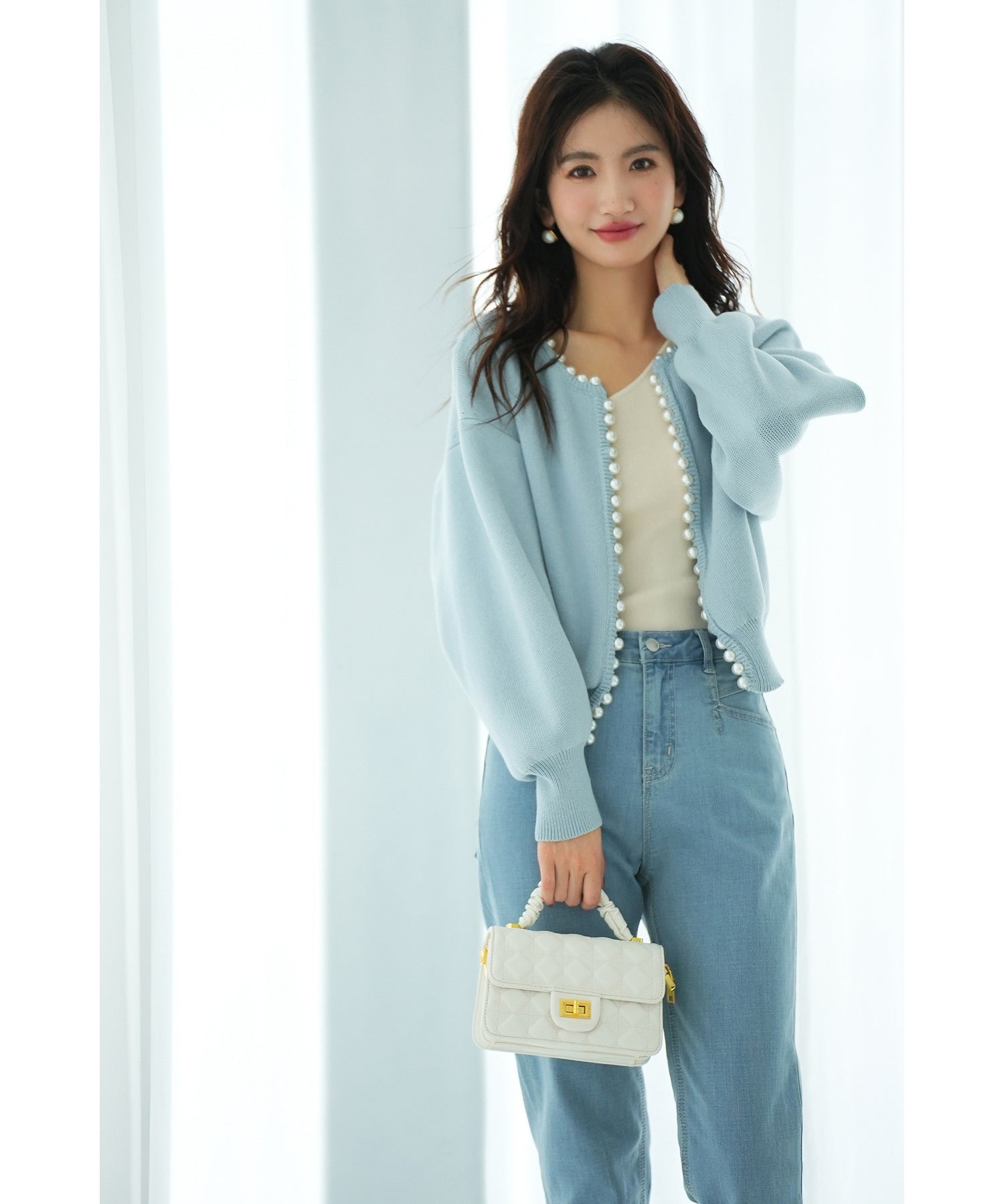 パールビジューボタンレスニットカーディガンxyf041631 ブルー