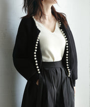 パールビジューボタンレスニットカーディガンxyf041631 ブラック