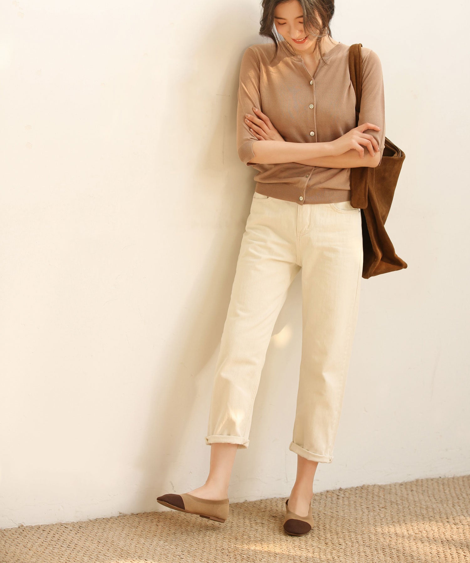 【接触冷感】スキッパーネックサマーニットカーディガンxyf2099 ベージュ