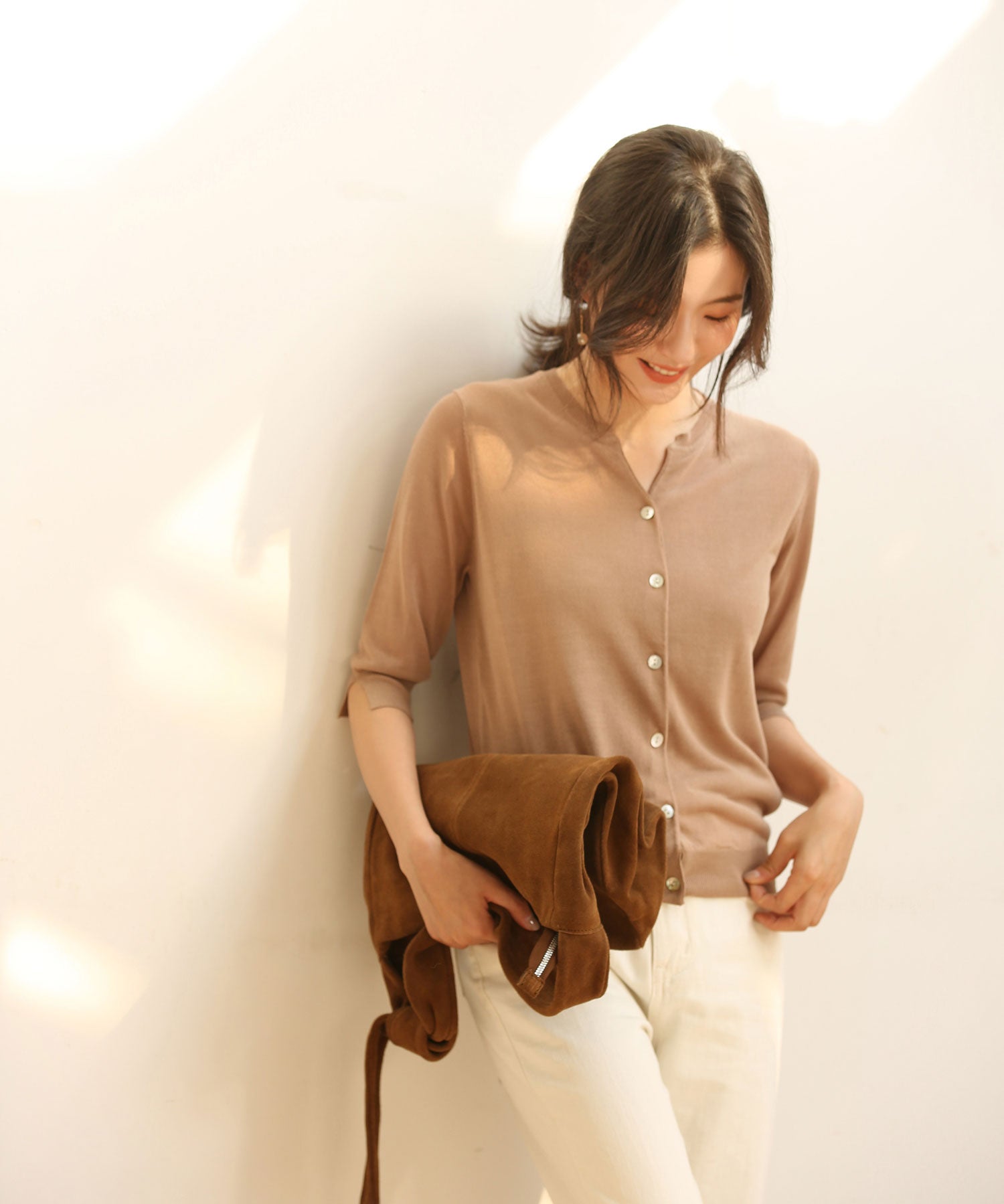 【接触冷感】スキッパーネックサマーニットカーディガンxyf2099 ベージュ