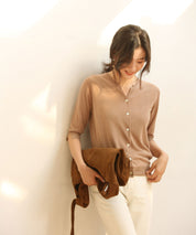 【接触冷感】スキッパーネックサマーニットカーディガンxyf2099 ベージュ