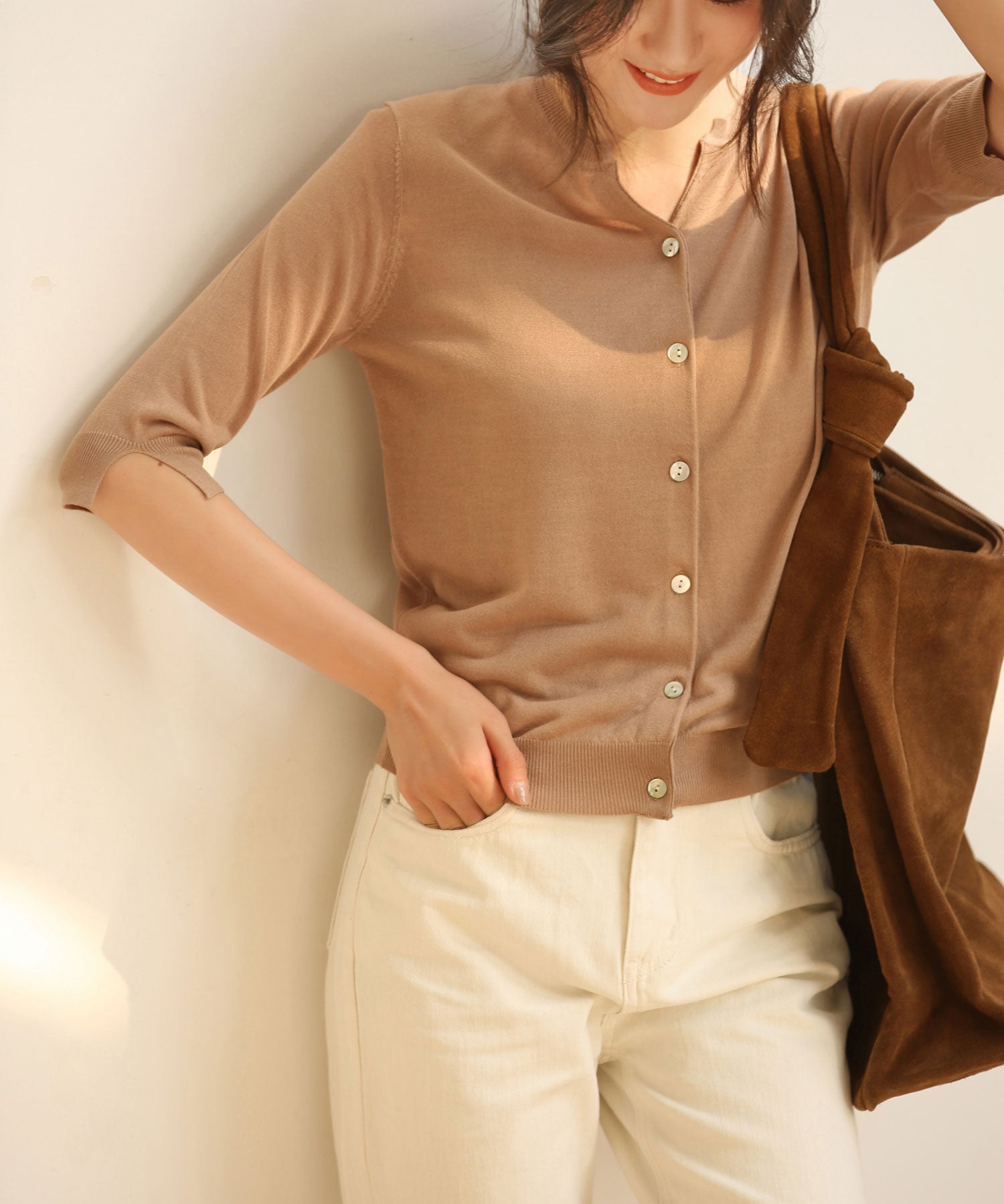 【接触冷感】スキッパーネックサマーニットカーディガンxyf2099 ベージュ