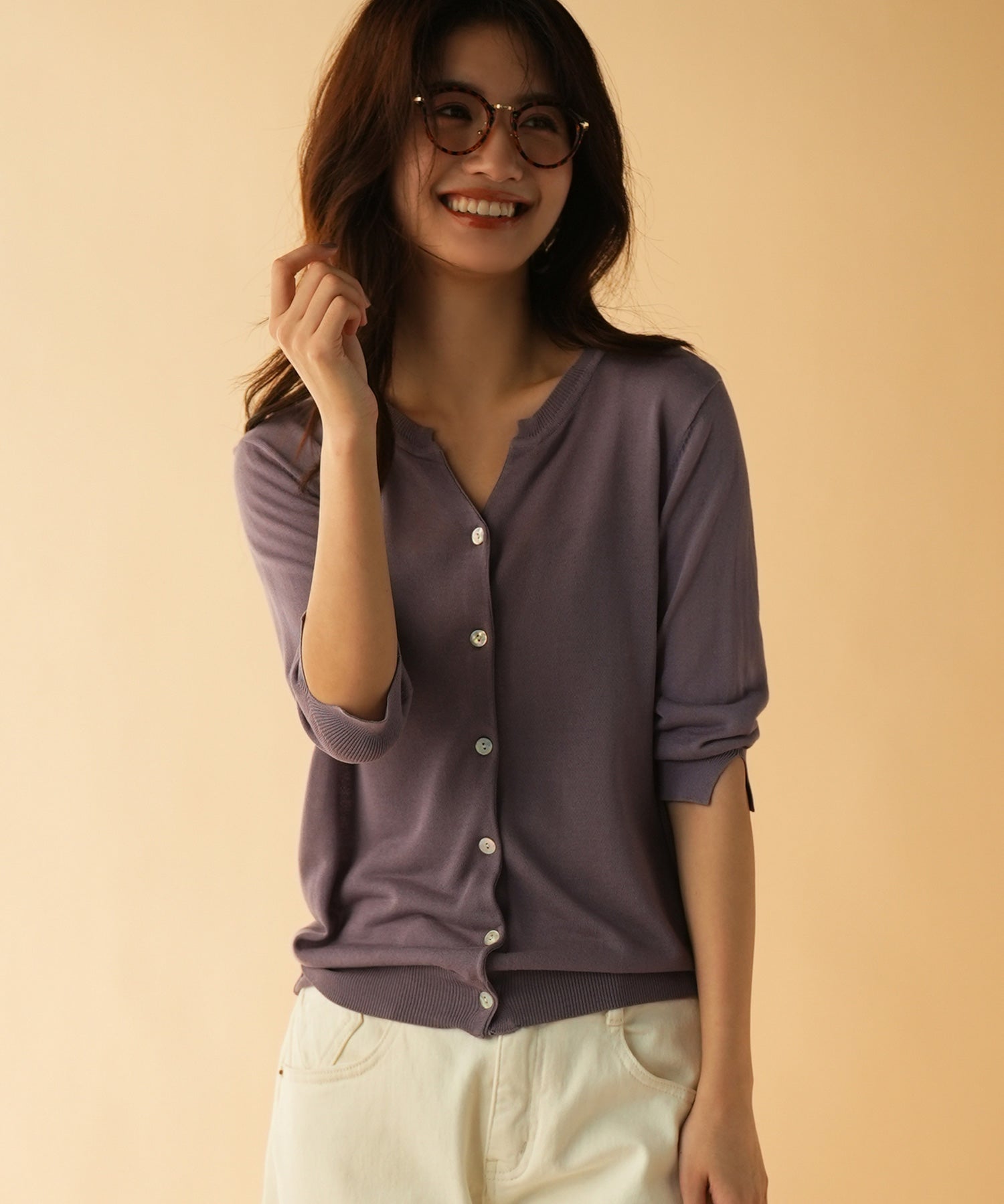 【接触冷感】スキッパーネックサマーニットカーディガンxyf2099 パープル