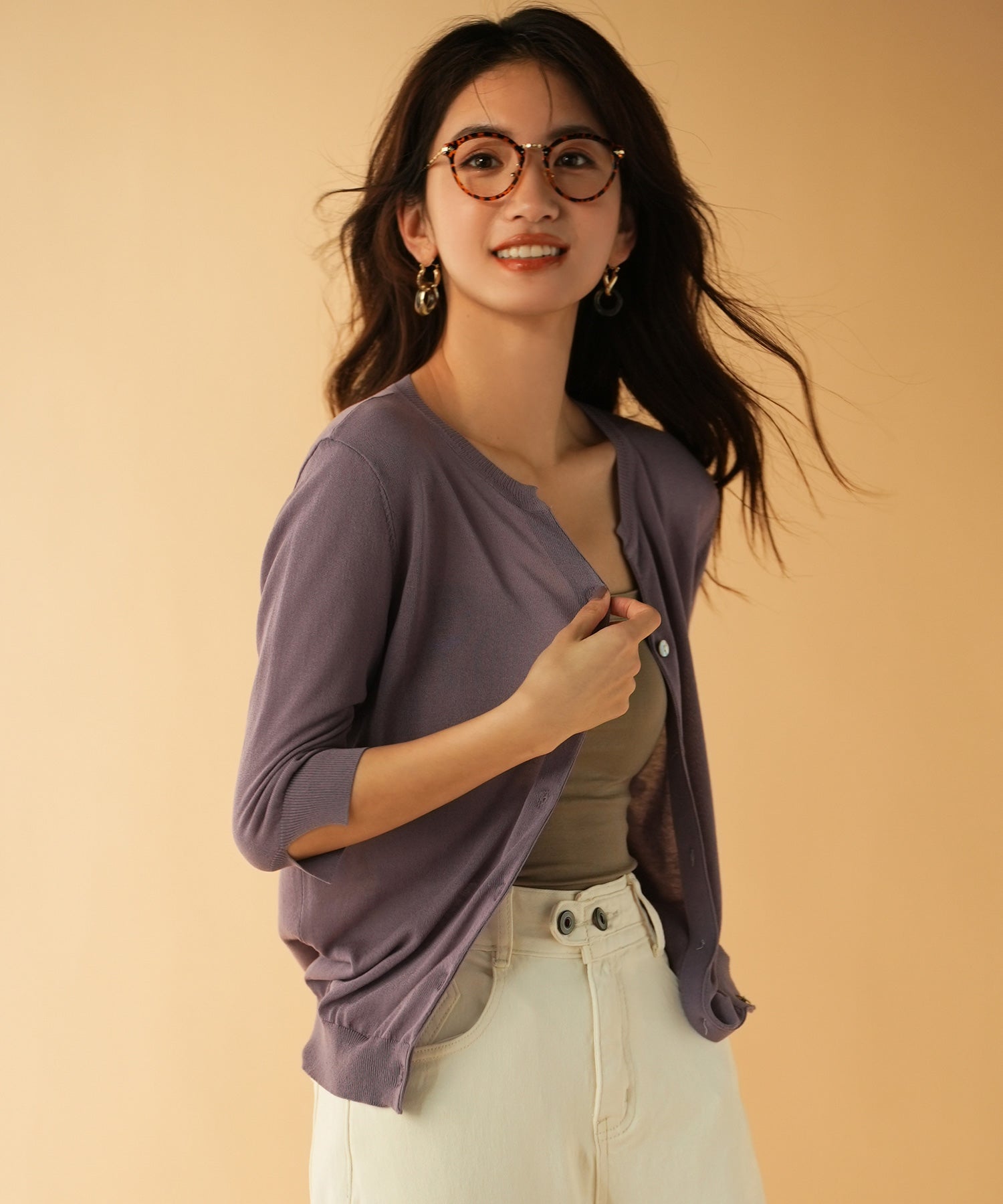 【接触冷感】スキッパーネックサマーニットカーディガンxyf2099 パープル