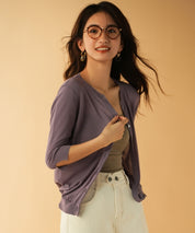 【接触冷感】スキッパーネックサマーニットカーディガンxyf2099 パープル