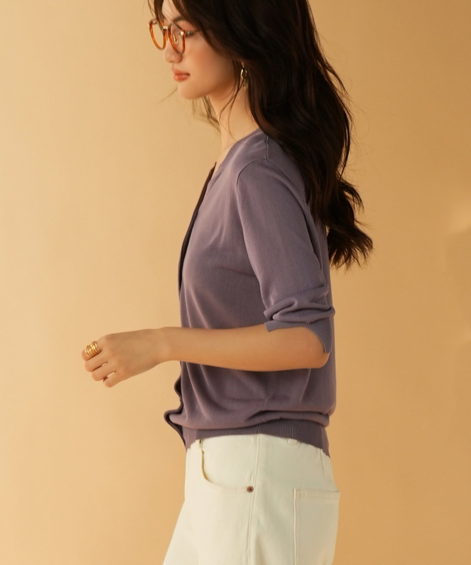 【接触冷感】スキッパーネックサマーニットカーディガンxyf2099 パープル