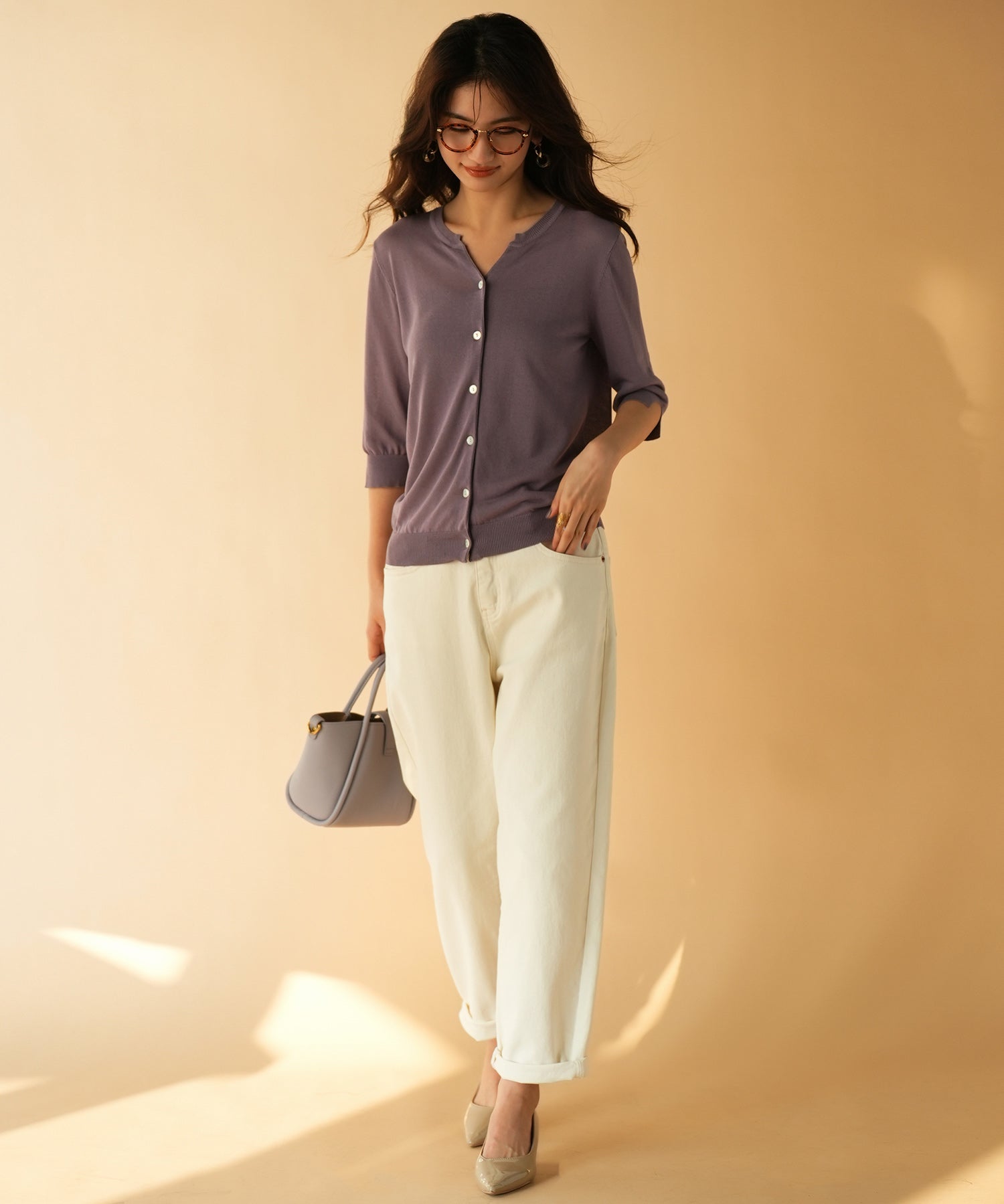 【接触冷感】スキッパーネックサマーニットカーディガンxyf2099 パープル