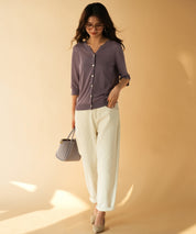 【接触冷感】スキッパーネックサマーニットカーディガンxyf2099 パープル