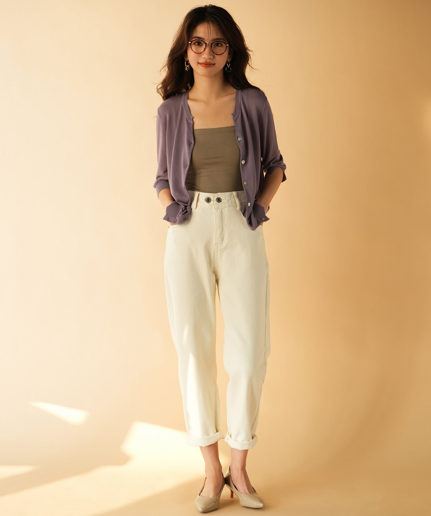 【接触冷感】スキッパーネックサマーニットカーディガンxyf2099 パープル