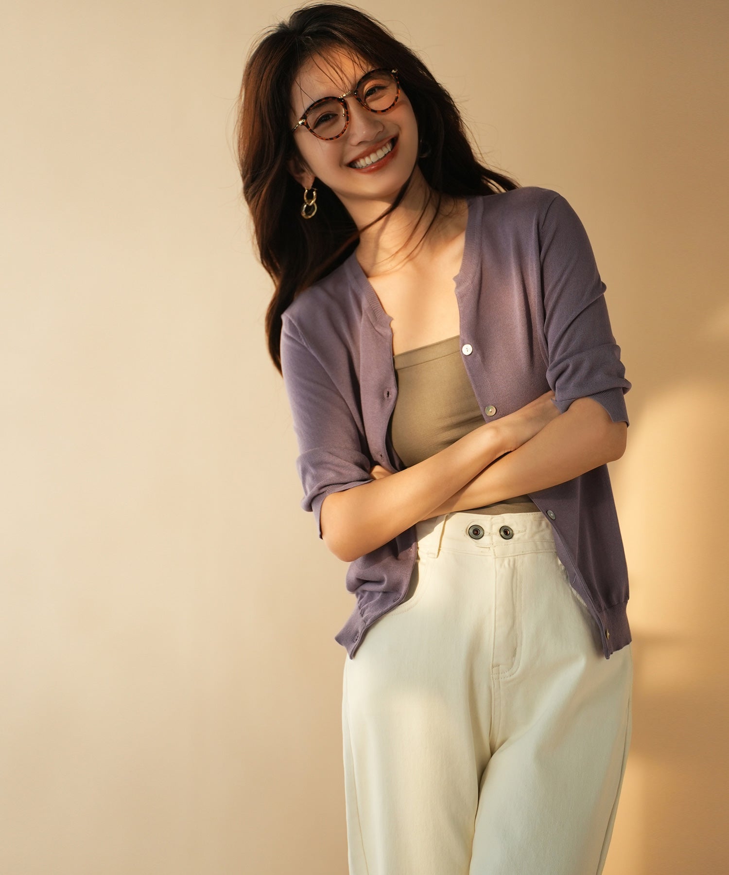 【接触冷感】スキッパーネックサマーニットカーディガンxyf2099 パープル