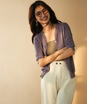 【接触冷感】スキッパーネックサマーニットカーディガンxyf2099 パープル