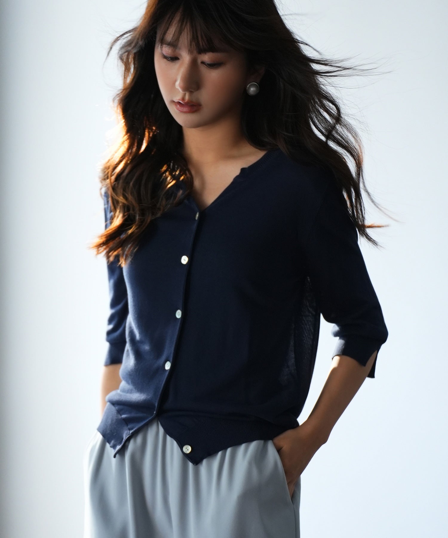 【接触冷感】スキッパーネックサマーニットカーディガンxyf2099-103-16