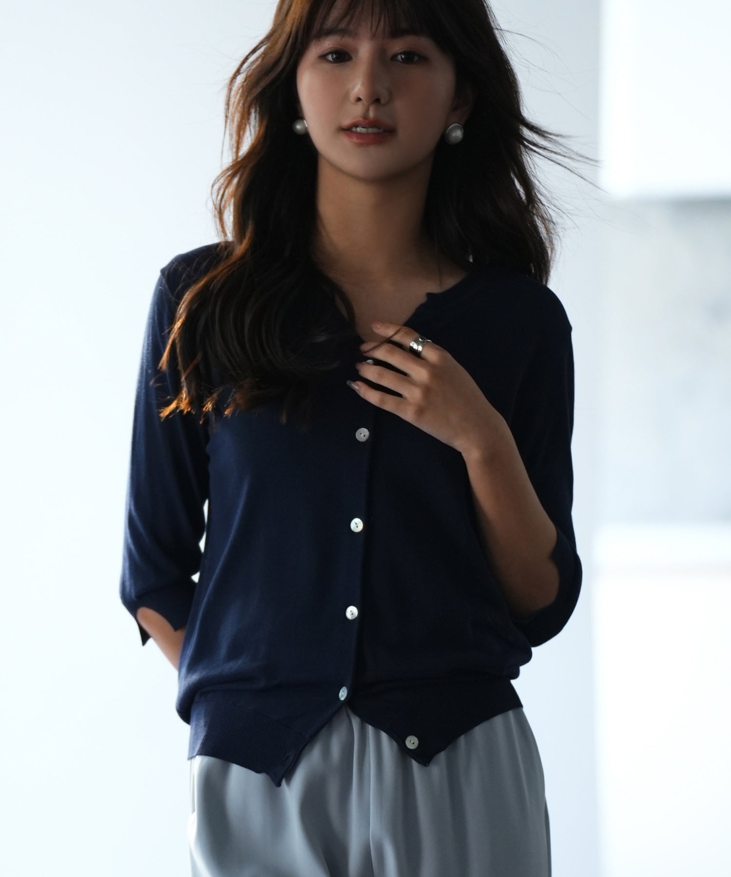 【接触冷感】スキッパーネックサマーニットカーディガンxyf2099 ネイビー