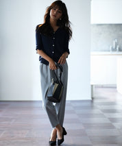 【接触冷感】スキッパーネックサマーニットカーディガンxyf2099 ネイビー