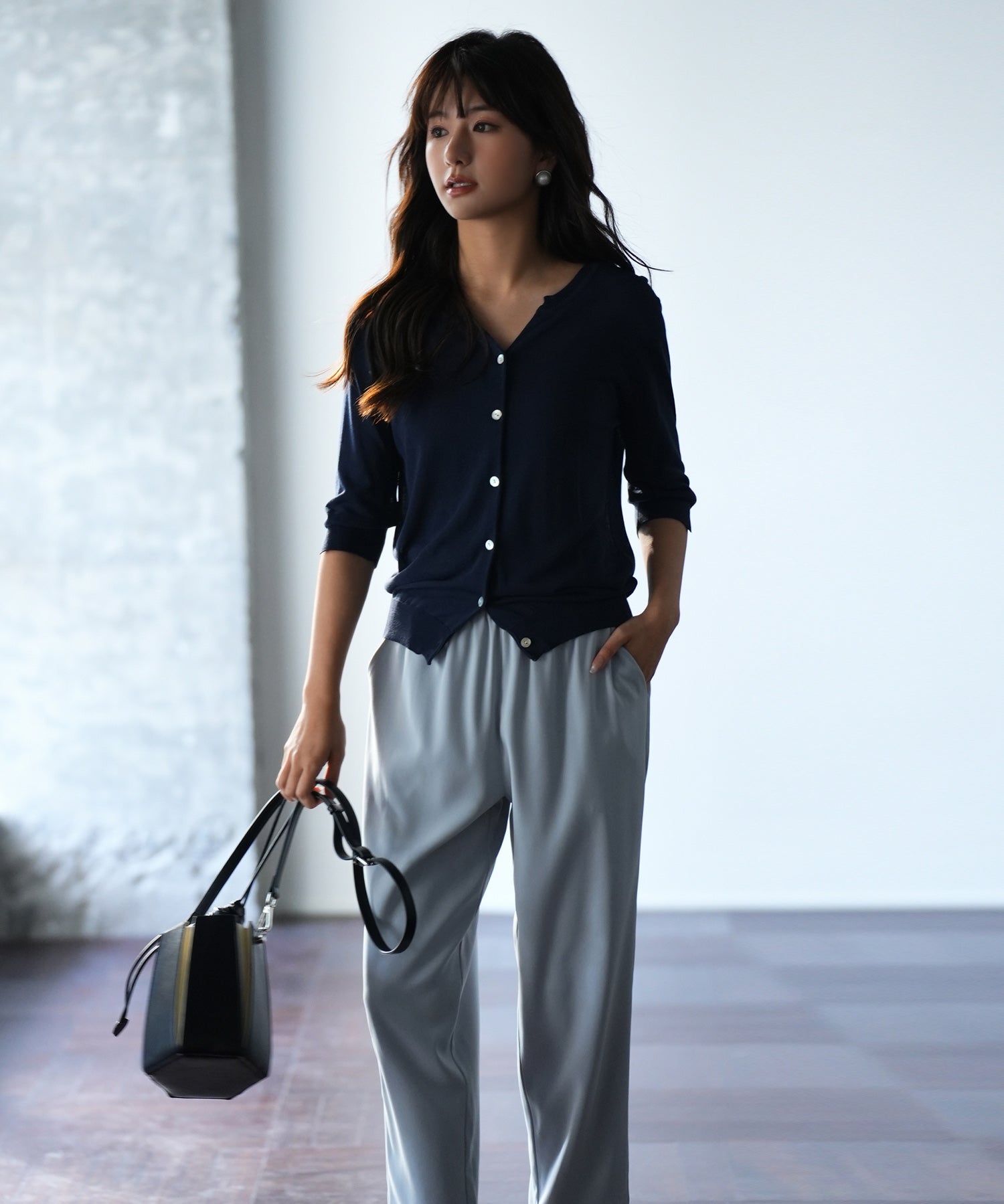 【接触冷感】スキッパーネックサマーニットカーディガンxyf2099 ネイビー