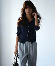 【接触冷感】スキッパーネックサマーニットカーディガンxyf2099 ネイビー