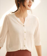 【接触冷感】スキッパーネックサマーニットカーディガンxyf2099 ホワイト