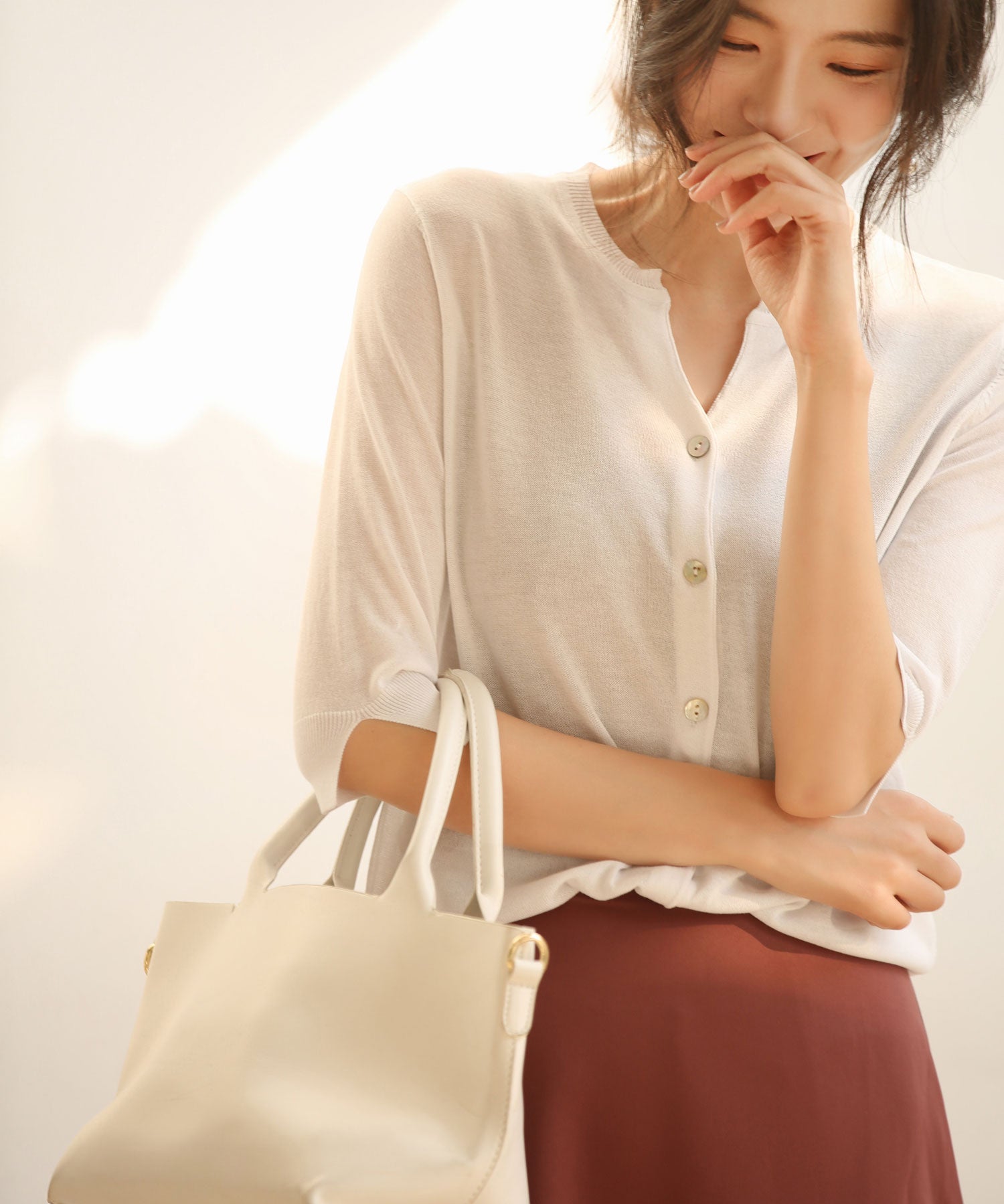 【接触冷感】スキッパーネックサマーニットカーディガンxyf2099 ホワイト