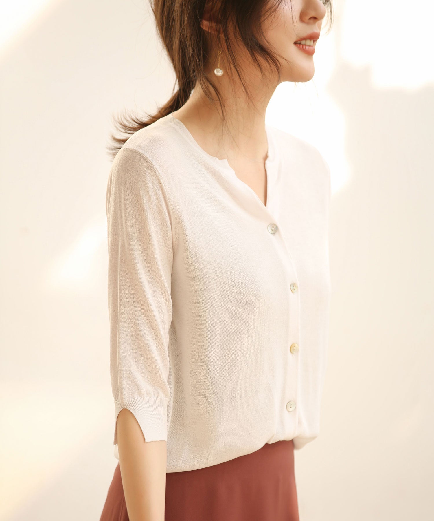 【接触冷感】スキッパーネックサマーニットカーディガンxyf2099 ホワイト