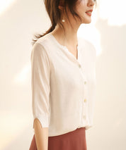 【接触冷感】スキッパーネックサマーニットカーディガンxyf2099 ホワイト