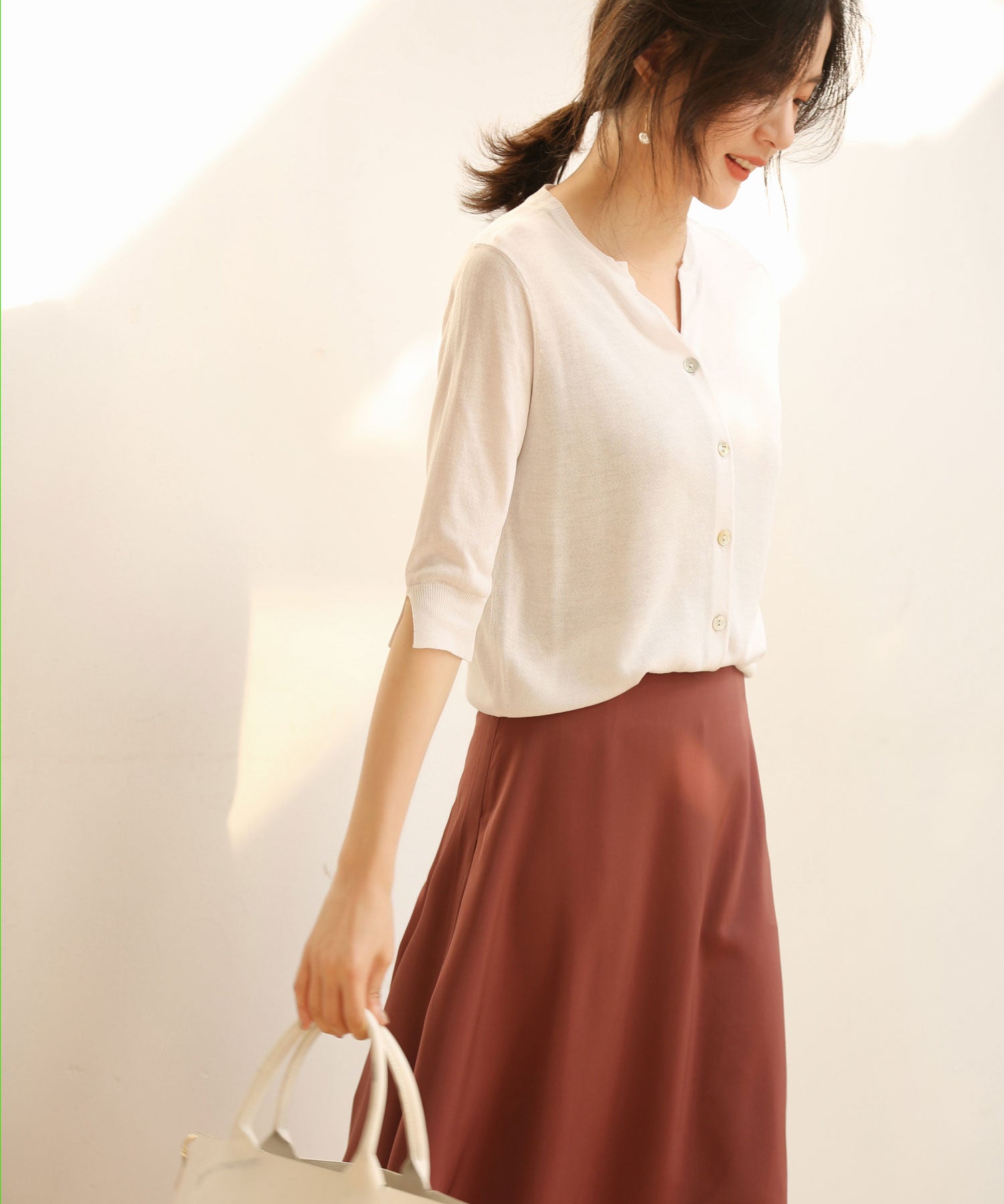 【接触冷感】スキッパーネックサマーニットカーディガンxyf2099 ホワイト