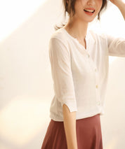 【接触冷感】スキッパーネックサマーニットカーディガンxyf2099 ホワイト