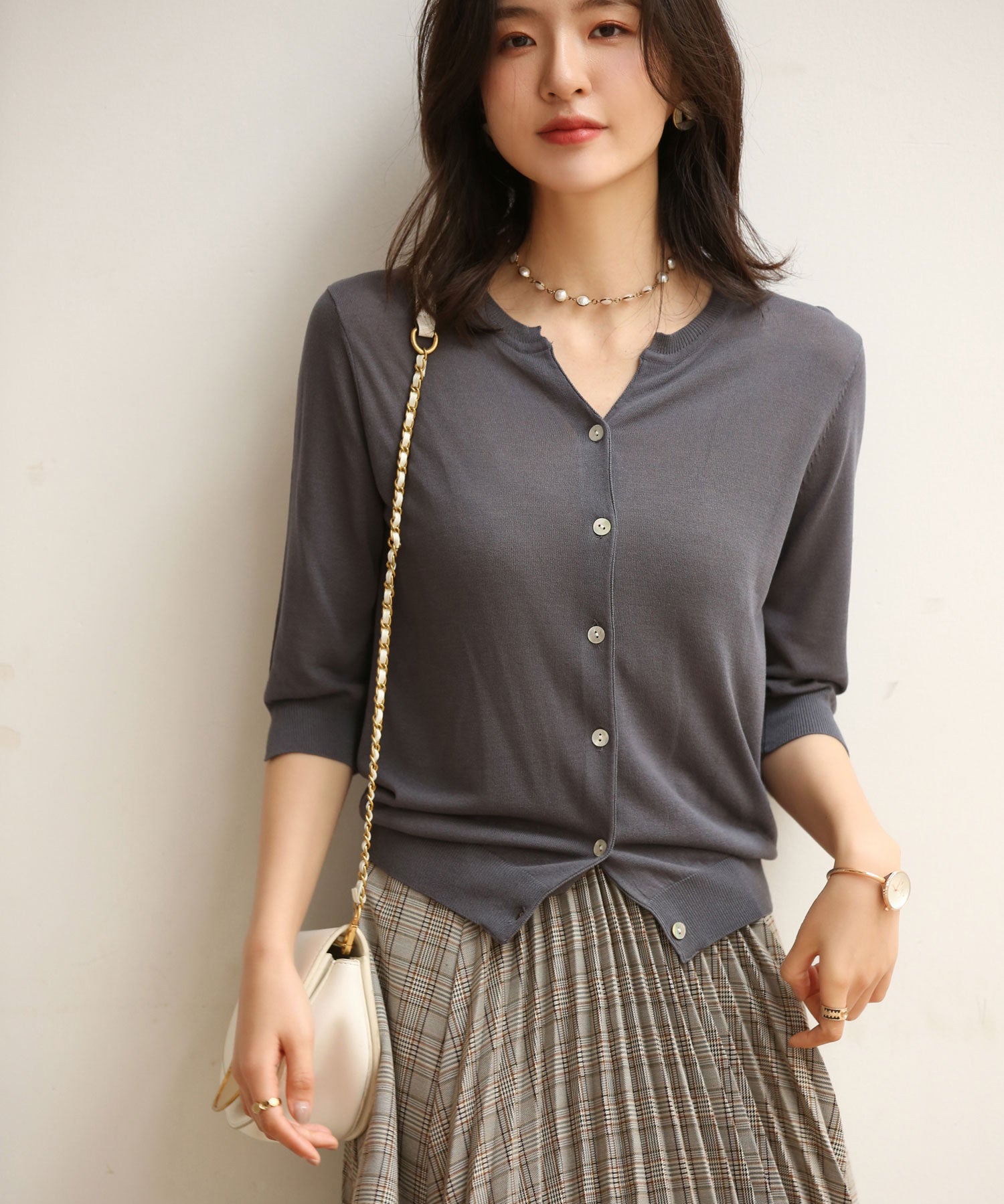 【接触冷感】スキッパーネックサマーニットカーディガンxyf2099 チャコールグレー