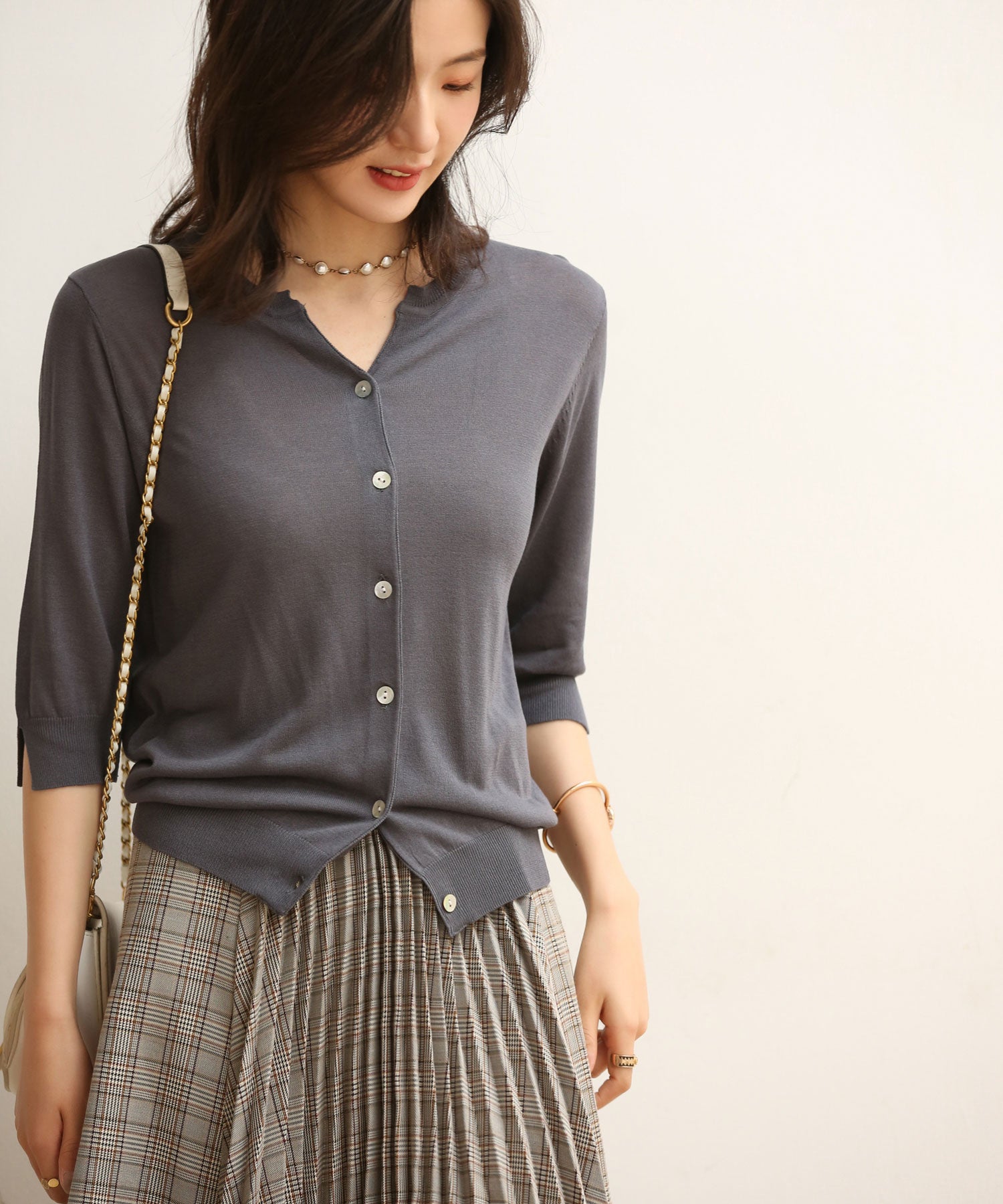 【接触冷感】スキッパーネックサマーニットカーディガンxyf2099-103-2