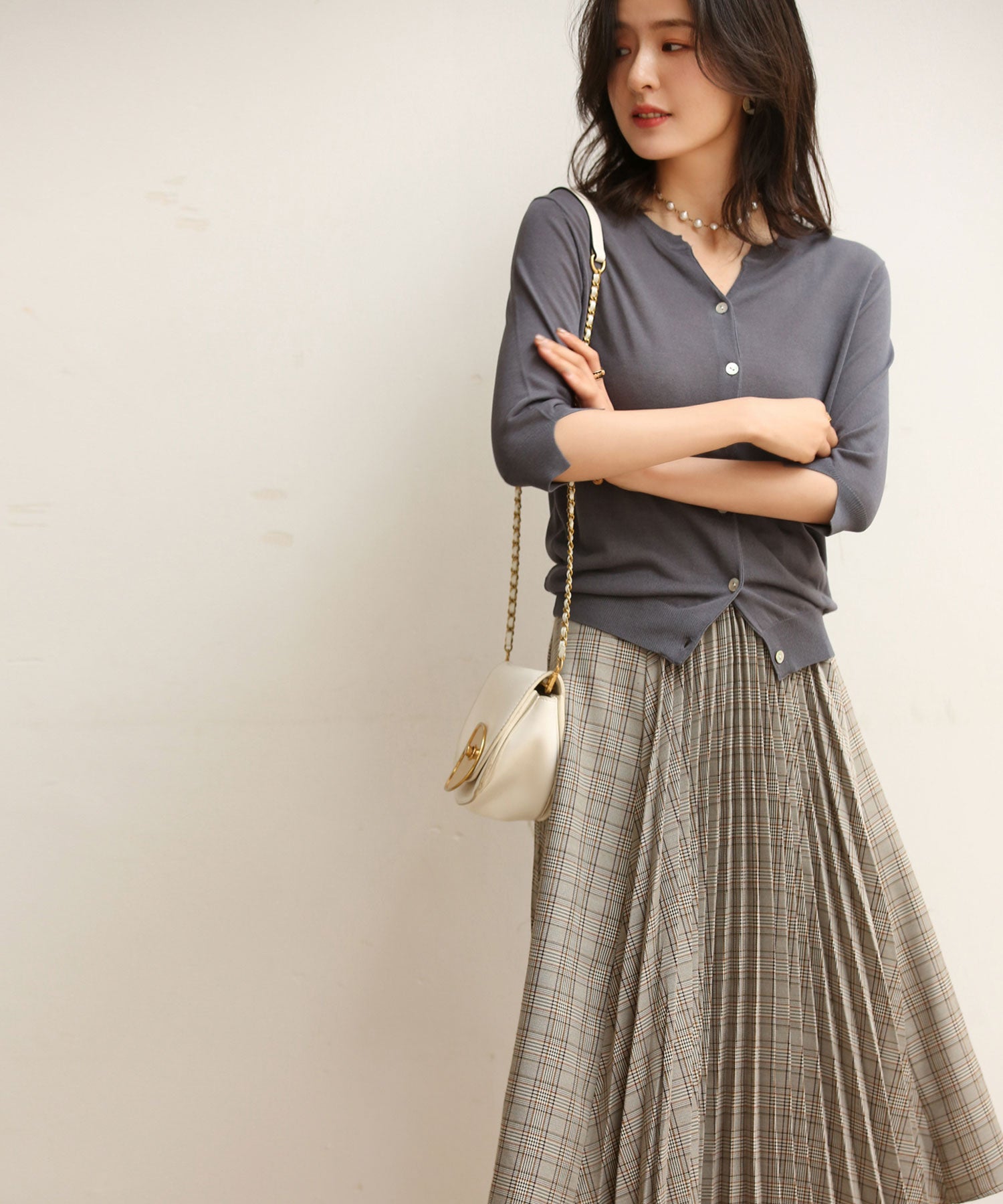 【接触冷感】スキッパーネックサマーニットカーディガンxyf2099 チャコールグレー