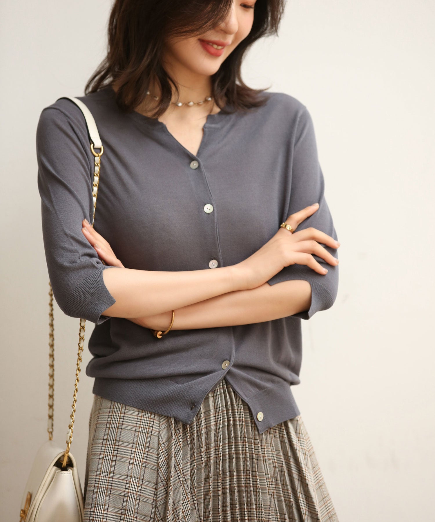 【接触冷感】スキッパーネックサマーニットカーディガンxyf2099 チャコールグレー