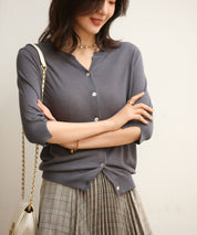 【接触冷感】スキッパーネックサマーニットカーディガンxyf2099 チャコールグレー