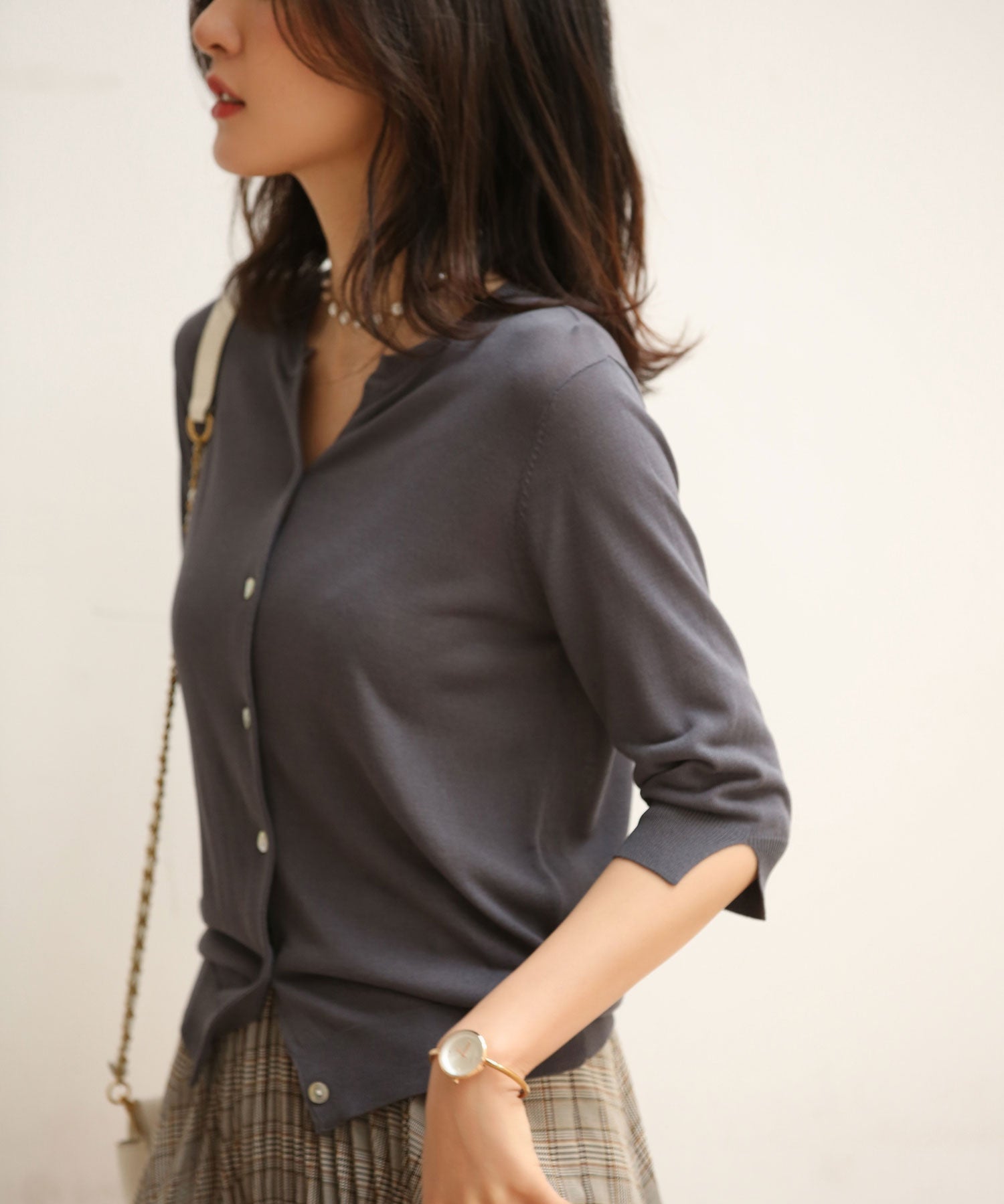 【接触冷感】スキッパーネックサマーニットカーディガンxyf2099 チャコールグレー