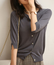 【接触冷感】スキッパーネックサマーニットカーディガンxyf2099 チャコールグレー